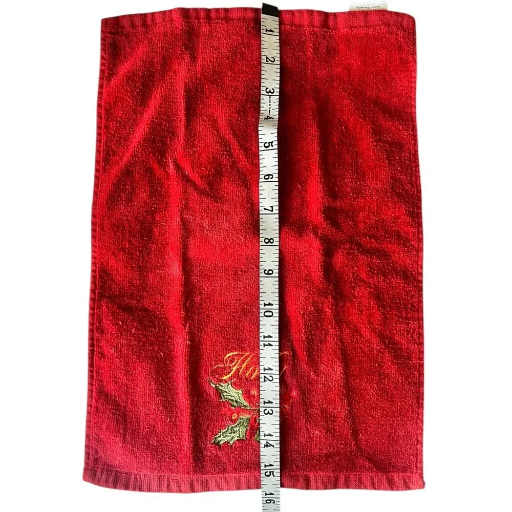 Set Of 2 Red Christmas Hand Towels With Embroidered Holly Leaves & Berries 15.5”